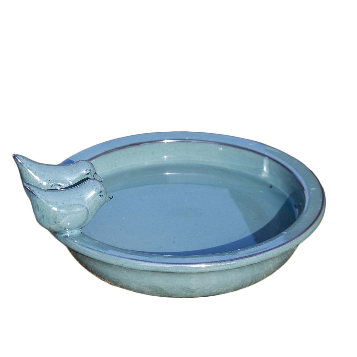 Sky Blue Glazed Ceramic Bird Bath with Perched Birds, Round Outdoor Water Bowl Garden Decor, 32cm