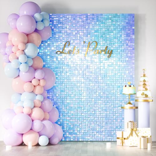Image of COKAOBE Iridescent Blue Shimmer Wall Backdrop, 24PCS Square Sequin Shimmer Backdrop Panel, Photo Backdrops for Birthday, Anniversary, Wedding, Graduation & Bachelorette Party Decoration