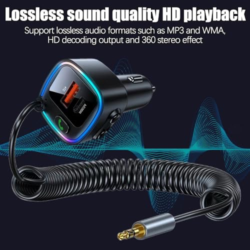 Bluetooth Adapter Auto Aux 5.4 FM, Transmitter Auto Bluetooth, USB C Adapters Autos Zigarettenanzünder mit Spiralkabel Klinke 3.5mm, AutoLadegerät 42W (PD 30W&QC 12W)