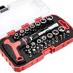 Amazon Basics 27-Piece Ratchet Screwdriver and Socket Set, Light-Duty T-Handle with Magnetic Bit Holder, Cr-V Steel, for Household DIY, Electronics and Appliance Repair, Compact Tool wit Hard Case