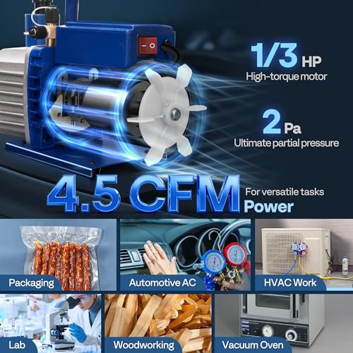Image of VIVOHOME 1 /3 HP 4.5 CFM 1 Stage A2L HVAC Vacuum Pump, Sparkless Motor for R32 R1234yf R454B R134a R22 R410a Systems, Auto AC Vacuum Pump for Air Conditioner Refrigeration Maintenance with Oil Bottle