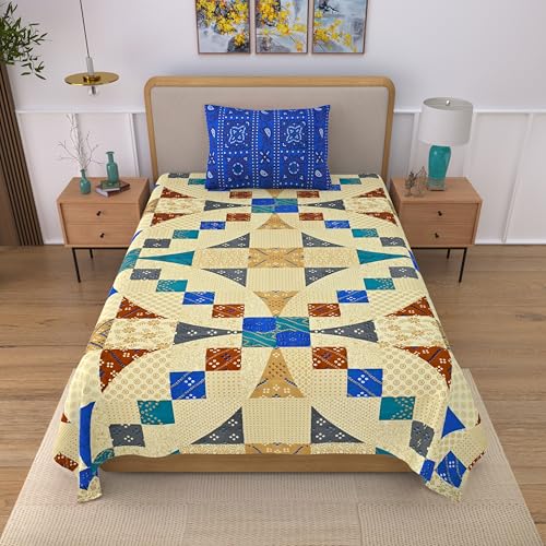 Image of 100% Cotton Single Bedsheet with 1 Pillow Cover | 240 TC Pure Cotton Flat Bed Sheet | Traditional Jaipuri Printed Bedding Set | Soft & Breathable | 60 x 90 Inch (Rangmahal Single 65)
