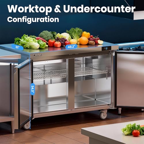 Image of Coolski 48 inchW Commercial Undercounter Refrigerator, 13.4 Cu.ft. Freestanding Stainless Steel, Double Door Under Counter Industrial Worktop Fridge for Restaurant, Bar, Shop, Kitchen Use