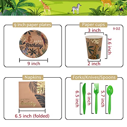 Dylives Safari Jungle Birthday Party Supplies Tableware, Zoo Theme Gold Foil Forest Animal Party Decorations Packs Baby Shower - Disposable Plates, Cups, Napkins, Cutlery (Serves 24, Total 144Pcs) #TOP6
