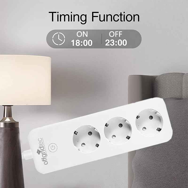 Offgridtec power strip with an overlay showing a timing function set for ON at 18:00 and OFF at 23:00