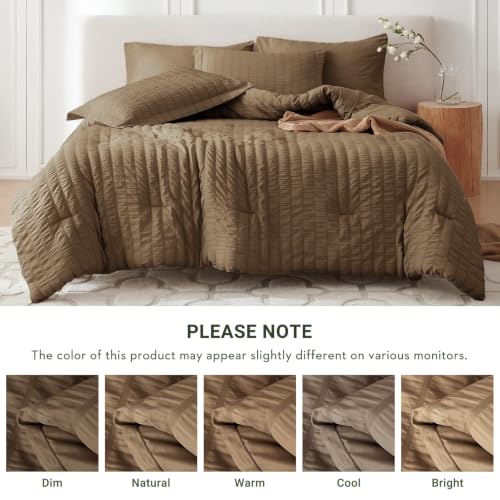 Image of MUXHOMO 7 Pieces Oversized Queen Comforter Set, Seersucker Bed in a Bag Oversized Queen Size, All Season Luxury Bedding Set with Comforter, Flat Sheet, Fitted Sheet, Pillowcases & Shams, Brown