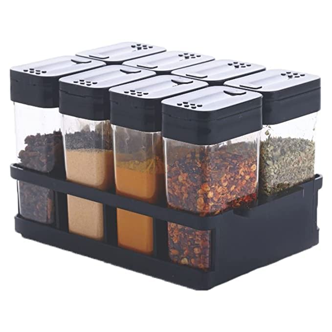VOXBIT 8 Pcs Sets Airtight Masala Box For Kitchen Masala Container For Kitchen Spice Jars Multi Storage Container For Kitchen Easy Flow Spice Storage Container - Plastic, Black