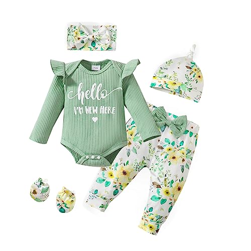 Image of Sinhoon Newborn Baby Girl Clothes Hello I'm New Here Letter Romper+Floral Pants+Hat+Headband+Coming Home Outfits