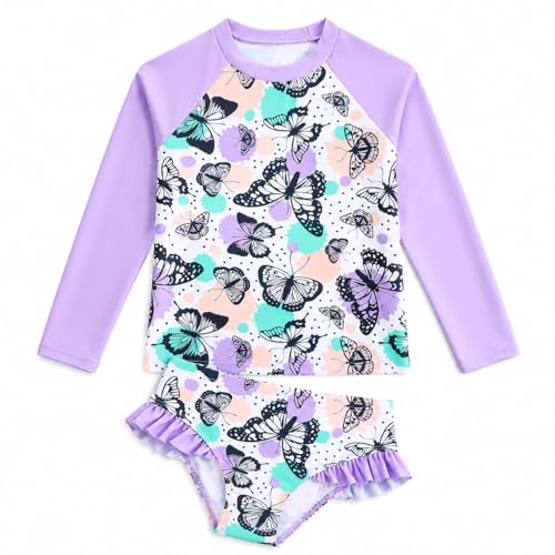 Image of HILEELANG Toddler & Little Girls' Long Sleeve Rash Guard Swimwear Set - UV Protection, 2-Piece Design, Fun Prints, 2-9 Years