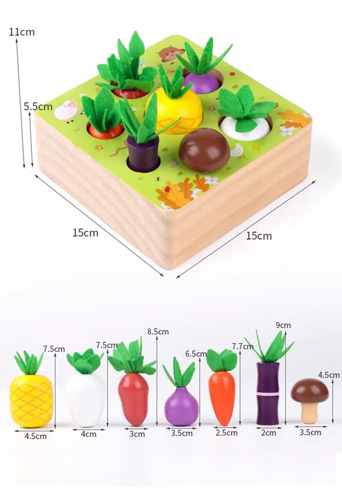 Juguete Montessori de Madera para Cosechar Verduras, Juguete Encastre de Zanahoria, Rábano y Piña
