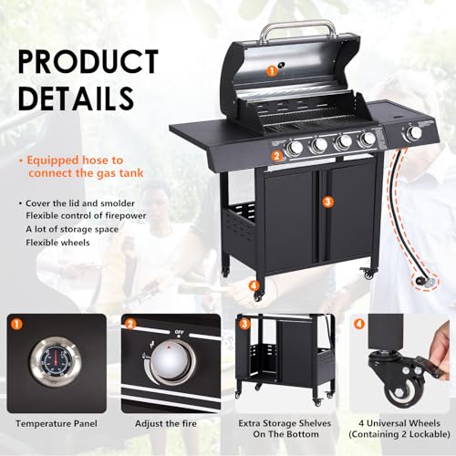 MAGIC UNION 4-Burner Propane Gas BBQ Grills with Side Burner, Cast Iron 50,000 BTU Patio Barbecue Grill with Stainless Steel Grates for Outdoor Cooking, Backyard, Garden