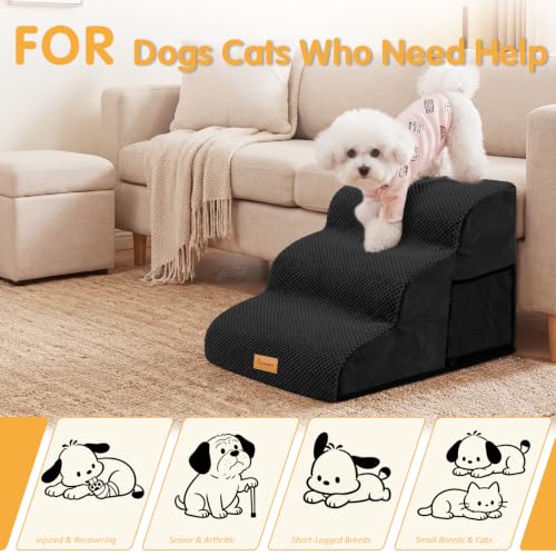 Image of Topmart 3 Tiers Foam Dog Ramps /Steps,Non-Slip, Extra Wide Deep Dog Stairs,High Density Foam Pet Stairs /Ladder,Best for Older Cats,Small Pets,Black | High Density Foam Pet Stairs /Ladder,Best for Older Dogs,Cats,Small Pets