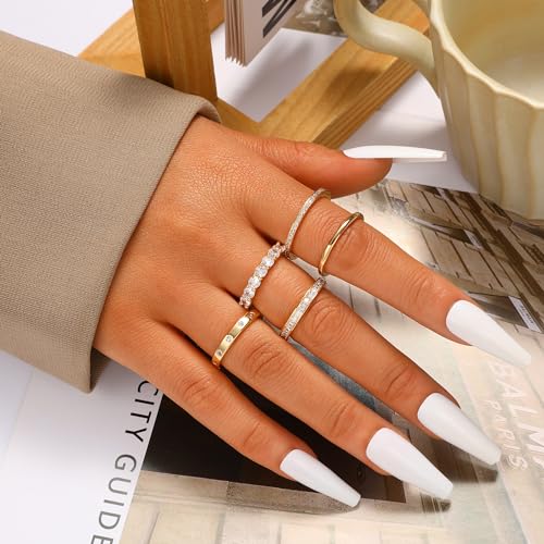 FAXHION Gold Rings for Women Non Tarnish, 14k Gold Plated Dainty Stacking Cubic Zirconia Thumb Rings, Gold Knuckle Women Rings Set Jewelry Size (8)