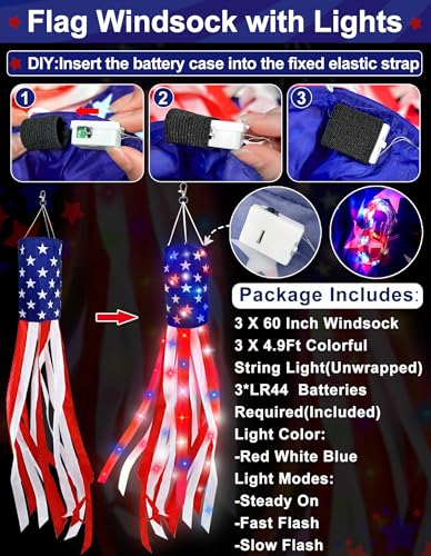 3 Pack 60 Inch Large American Flag Windsocks with Red White Blue Lights, 4th of July Decorations 250th Anniversary Patriotic USA Wind Sock for Outside Heavy Duty Memorial Day Yard Outdoor Decor - Thumbnail 3