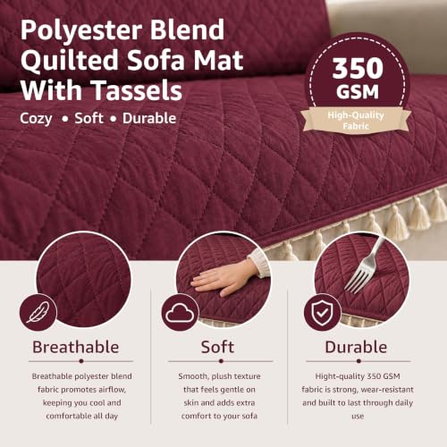 Image of Lukzer Quilted Sofa Cover Mat with Tassels for 3 Seater Sofa - Cranberry Red | Soft Washable Anti-Slip Protector for Living Room | Furniture Cover for Back-Seat Slipcover 180X150CM / SC-194-3T