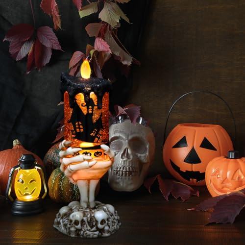 Image of Eldnacele Halloween Snow Globe Candles Lighted Lamp USB Powered Battery Operated Spooky Spinning Water Glittering Tornado Flameless Candles Skeleton Hand Holder Halloween Centerpiece Decor(Castle)
