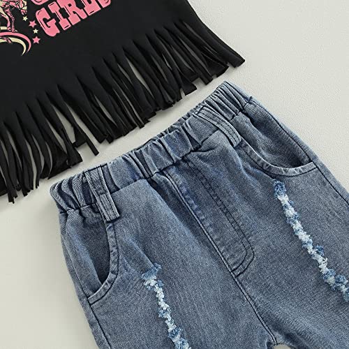 Toddler Baby Girl Clothes Short Sleeve Letter Print Top Shirt Bell Bottoms Jeans Pants Summer Outfits 2Pcs Set (Black,2-3T) #TOP4