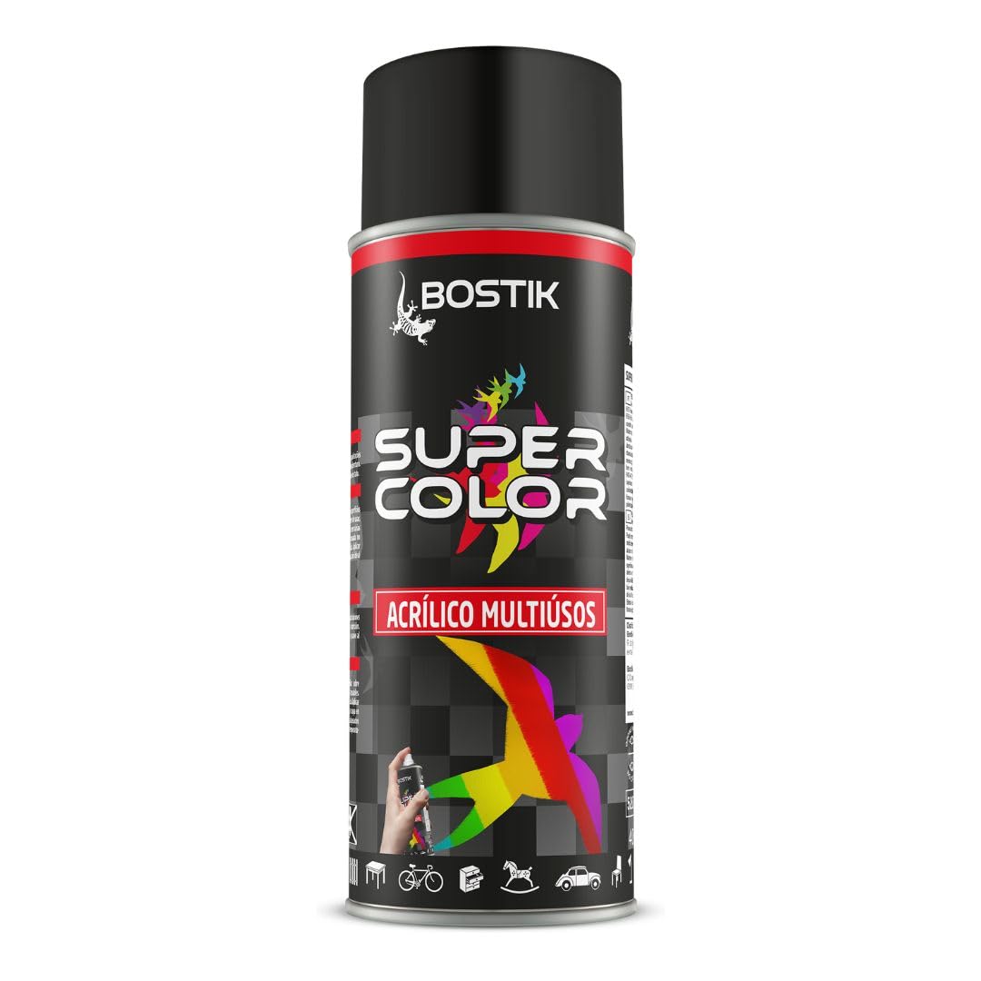 BOSTIK SUPER COLOR NEGRO MATE RAL 9005, Pintura en Spray Acrílica para Uso Profesional y Doméstico, Multiusos, Secado Rápido, Acabado Brillante, Interior y Exterior, Bote 400 ml