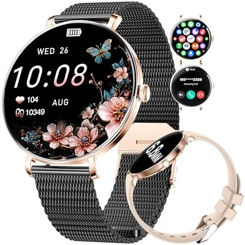 CHOOSETIME Smartwatch Donna Sottile 7,99 Mm Con Chiamate – AMOLED 1,32" 466x466, Fitness Con Ciclo Mestruale, Sonno E Frequenza Cardiaca, IP68, 270+ Quadranti, 2 Cinturini, Nero-Oro
