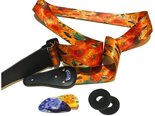 Art Tribute Van Gogh Sunflowers Guitar Strap Bundle for Bass Guitar, Electric Guitar & Acoustic Guitar Includes 2 Strap Locks & 2 Matching Van Gogh Picks Adjustable Polyester Guitar Strap