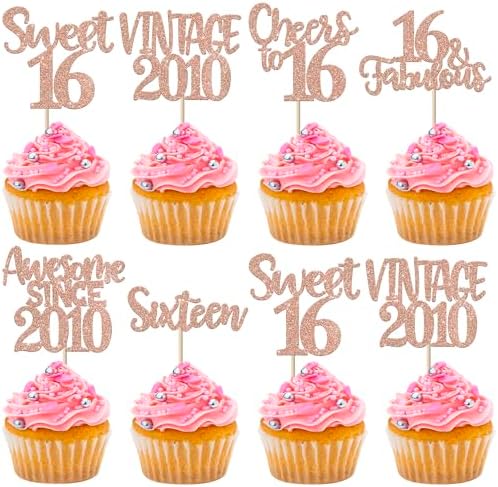 ZHUOWEISM 24 PCS Sweet 16th Birthday Cupcake Toppers Glitter Sixteen 16 Fabulous Vintage 2010 Cupcake Picks for Cheers to 16 Years 16th Birthday Wedding Anniversary Party Cake Decorations Rose Gold — view 7