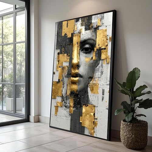 Tableau abstrait moderne 30x50cm peinture portrait noir et or visage sans cadre