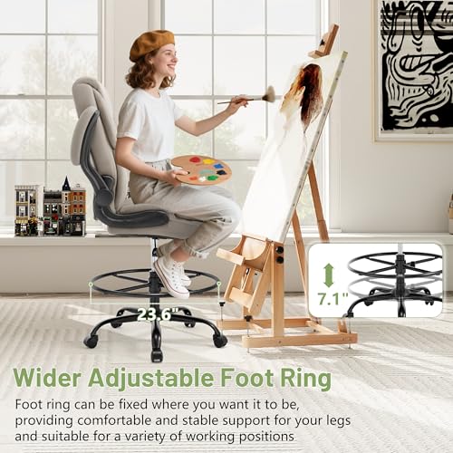 Image of 500LBS Drafting Chair, High Back Safer Standing Desk Chair, Executive Tall Office Chair with Flip-up Armrests, Upholstered PU Leather Task Chair, Ergonomic Seat with Adjustable Height&Foot Ring,Beige