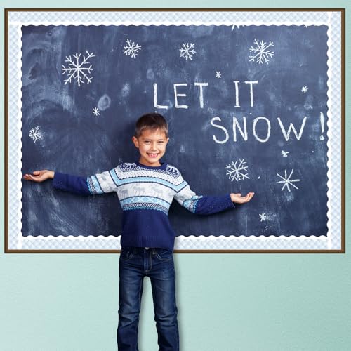 Image of BeYumi Winter Snowflake Border Trim - 65ft Winter Christmas Sage Blue Snowflake Plaid Scalloped Rolled Border Trim Checkered Bulletin Board Borders School Classroom Office Chalkboard Door Decoration