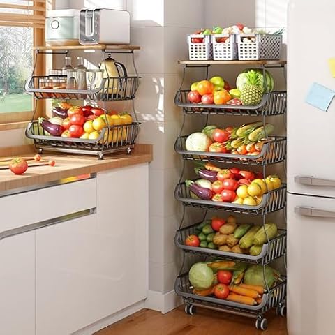 BEEY Kitchen Storage Cart, 6 Tier Fruit Vegetable Storage Basket Cart with Rolling Wheels Stackable Fruit Cart with Wood Tabletop for Pantry Bathroom Garage Cover