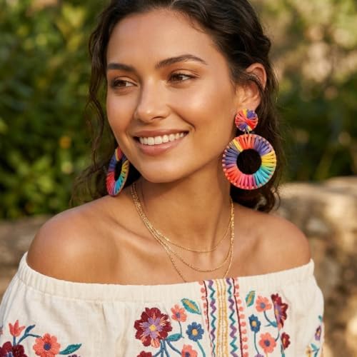 Image of Young & Forever Boho Rainbow Raffia Earring Pack - Handmade Woven Straw Geometric C-Hoop, Heart & Statement Drop Earrings for Women, Summer Beach Vacation Jewelry