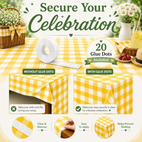 Image of Blue Orchards Yellow Gingham Table Cover (Pack of 3 with 20 Glue dots) - 54 inchx108 inch XL - Yellow and White Checkered Picnic Tablecloth, Baby Shower Decoration, Camping, Outdoor Birthday Party Supplies