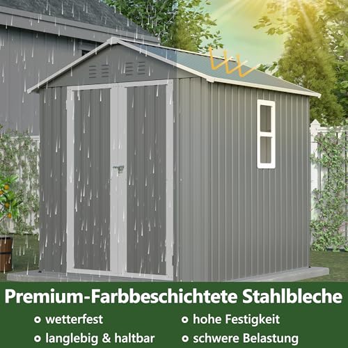 Thanaddo Metall Gerätehaus Gartenhaus 185x182x191cm, Geräteschuppen mit Fenster & Satteldach, wetterfest Gartenschuppen Inkl. Metallfundament (ohne Boden) für Outdoor Garten Terrasse, Grau