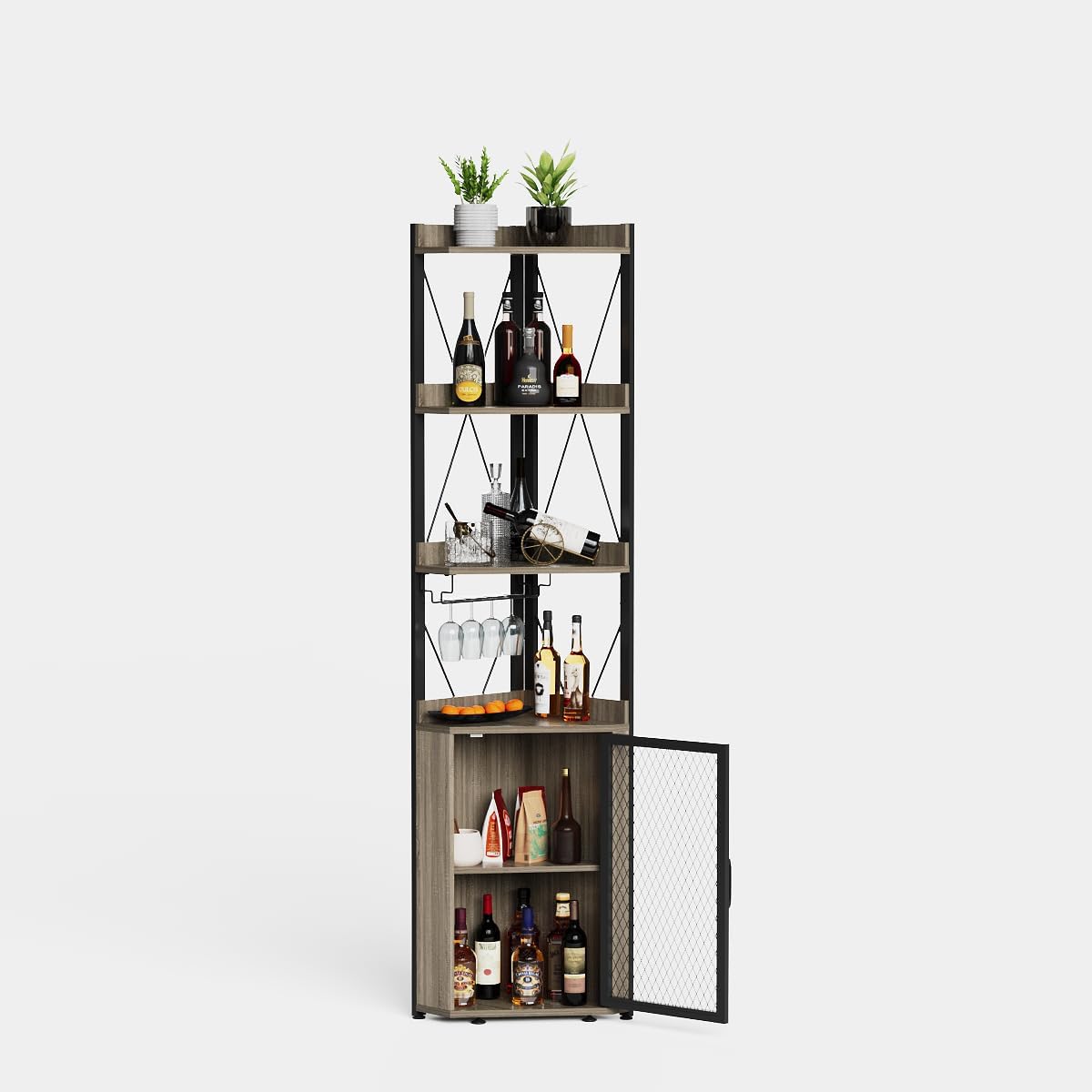 GarveeHome 69" Tall Corner Bar Cabinet with 5-Tier Shelves, Farmhouse Liquor Cabinet with Wine Rack & Glass Holder, Space-Saving Barn Door Storage Cabinet for Living Room Kitchen Home Bar - Gray