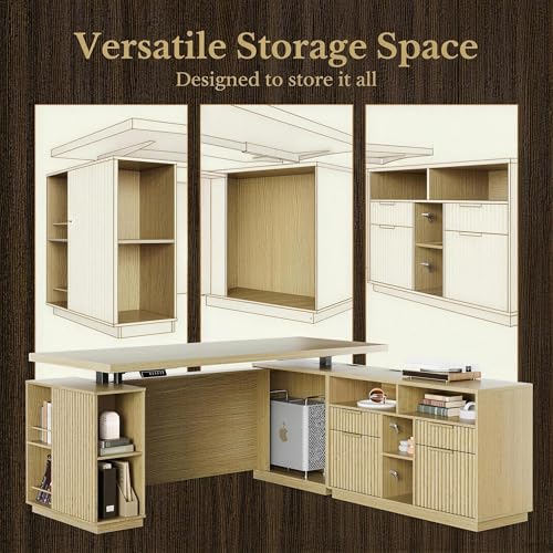 Image of 70 Inches L Shaped Executive Standing Desk, Electric Height Adjustable Desk with File Cabinet, Computer Corner Table with AC /USB and Privacy Panel for Home and Office, Light Walnut