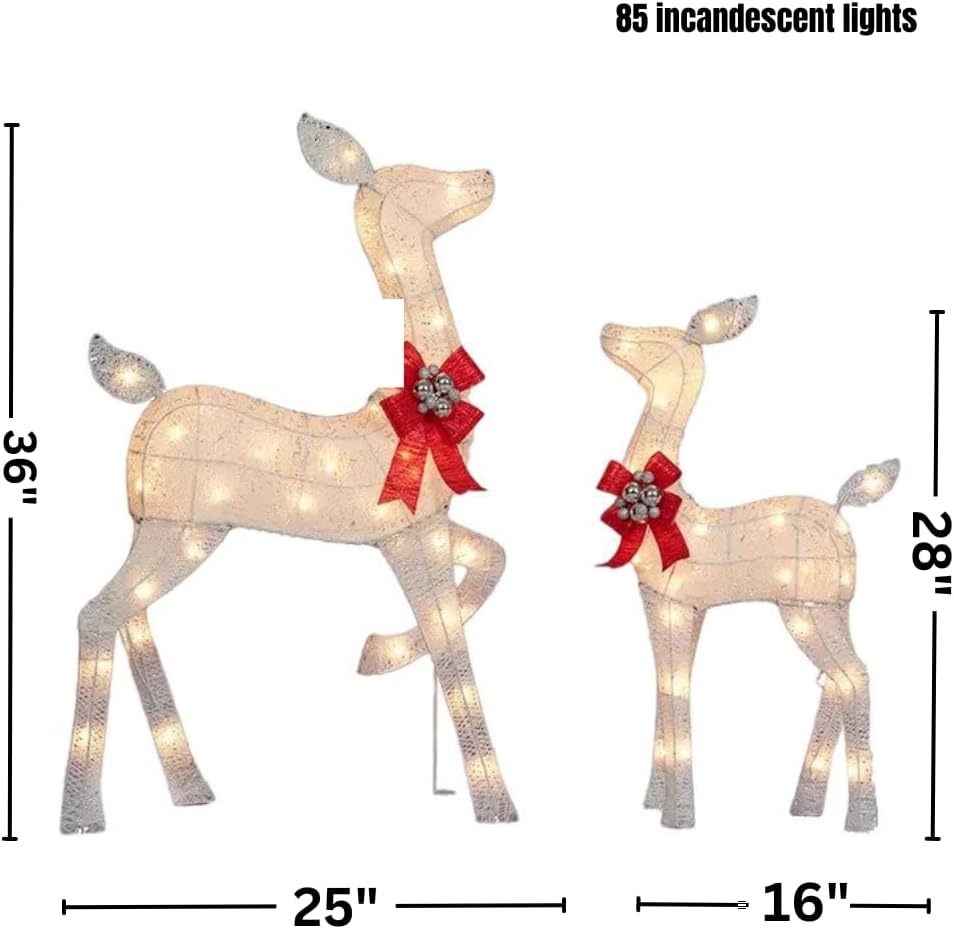 2 Piece Holiday Light Up Glittering Deer Set - Christmas Light Up Reindeer Outdoor Decor for Lawn or Yard - Comes with Doe and Fawn…White with Deer Christmas Ornament