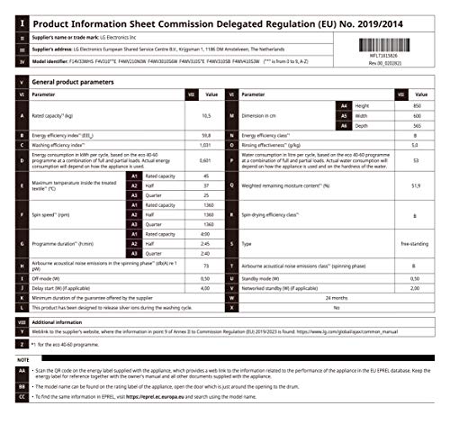 LG Lavatrice Intelligente AIDD 10,5kg Vapore 1400 Giri/min Carica frontale Argent B Efficacité énergétique 2021 B