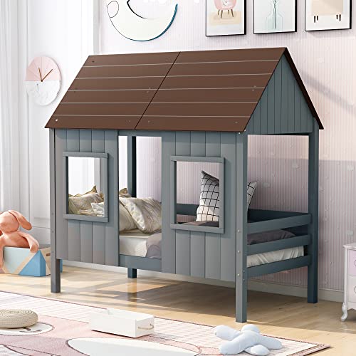 House Loft Bed For Kids, Wood House Bed, Twin Size Low Loft Wood House Bed With Roof And Two Windows For Kids, Teens, Girls, Boys (Twin, Antique Gray +Normal Gray) #TOP2