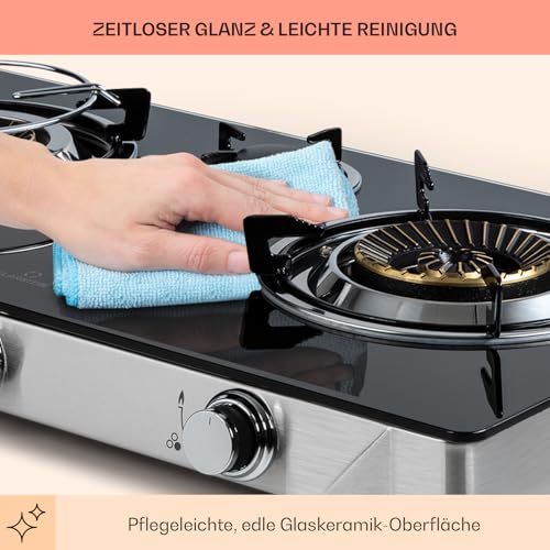 Foto von Klarstein Gaskocher mit Zündsicherung, Tragbarer, für Außen- & Innenbereich, Sicheres Gaskochfeld, Gasherd für Camping mit Edelstahlgehäuse, Flüssiggas