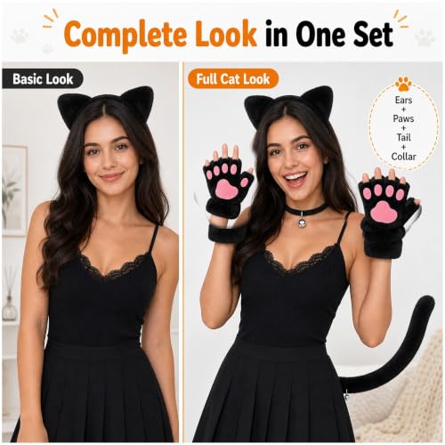 CaeyBrye Black Cat Costume Accessories Set, 5-Piece Cat Ears Headband Tail Paw Gloves and Bell Collar, Halloween Cosplay Costume Kit for Women Adults - image 7