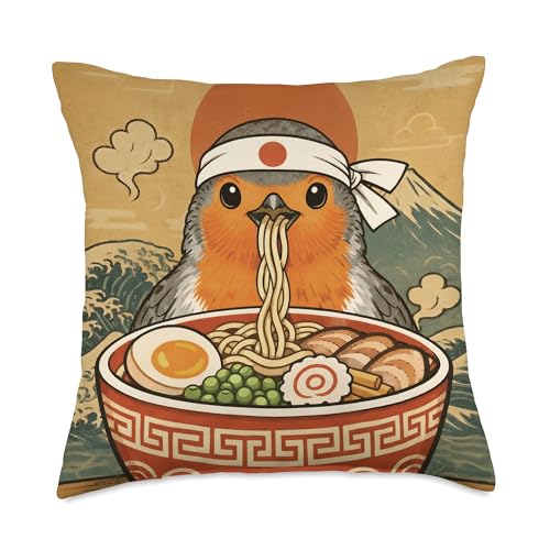 Kawaii Robin Bird Watching Japanese Ramen Noodles Throw Pillow