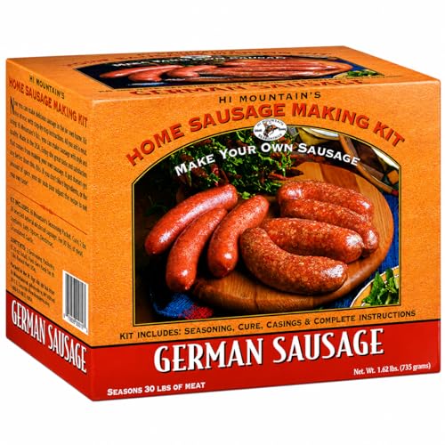 Hi Mountain Seasonings ǀ GERMAN Sausage Making Kit ǀ Includes Sausage Seasoning, Cure Natural Hog Casings, and Simple-to-Follow Directions ǀ Creates 30 Lbs of Delicious German Sausage