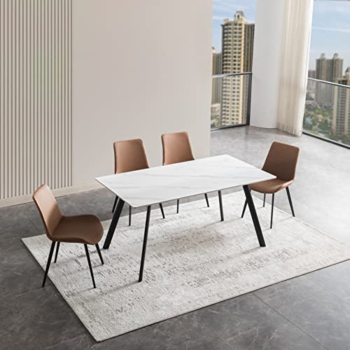 Hipihom Modern Dining Table Set For 4, 5 Pieces Rectangular Dining White Sintered Stone Table And Chairs Set 4 For Home, Kitchen, Living Room, Dining Room (Table+4 Brown Chairs) 5P-7374Jd15 #TOP5