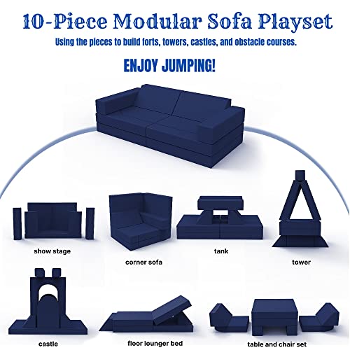 Memorecool 10-Piece Kids Couch Sofa, Modular Toddler Couch For Playroom Bedroom, Fold Out Couch Play Couch For Kid Girl Boy, Kids Convertible Sofa Sectional Foam Playset Couch Set, Navy #TOP3