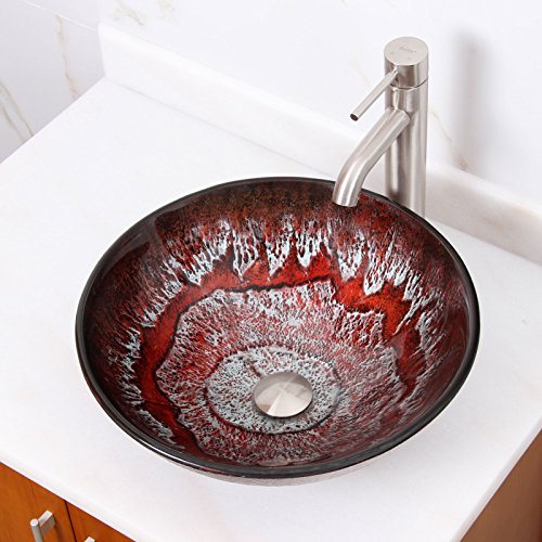 Elite Antarctic Ruby Pattern Tempered Glass Bathroom Vessel Sink & Brushed Nickel Finish Faucet Combo #TOP1