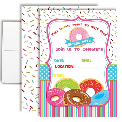 Invitaciones para fiesta de cumpleaños rellenables con espacio Pile of Donuts de alta densidad