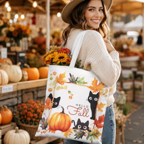Loveinside Hello Fall Canvas Tote Bag, Cute Black Cat & Pumpkin Autumn Leaves Cotton Reusable Tote Shoulder Bag for Halloween, Fall Gifts, Grocery Shopping, Travel, Daily Use, 13.8" x 15.7", 1 Pcs