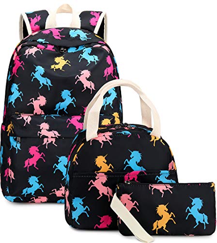 Backpack for School Girls Kids Bookbag Set Water Resistant School Bag with Insulated Lunch Bag (Unicorn Colorful)
