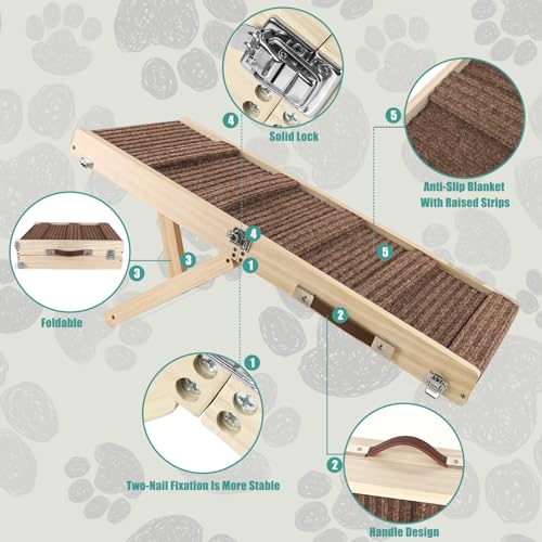 Umtiti Haustierrampe aus Holz, zusammenklappbar, tragbar, 4 Stufen, verstellbar, 22,9 cm bis 43,9 cm, mit Rutschfester 5 Pfoten-Traktionsmatte für kleine, mittelgroße Hunde.Dog Ramps-BN,DE