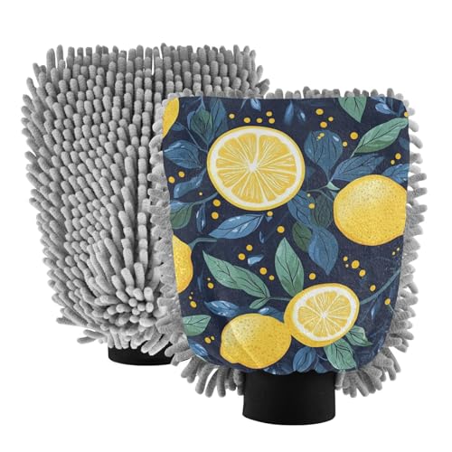 ZRWLUCKY Autowaschhandschuhe, Mikrofaser, kratzfrei, Zitronen- und Blattblau