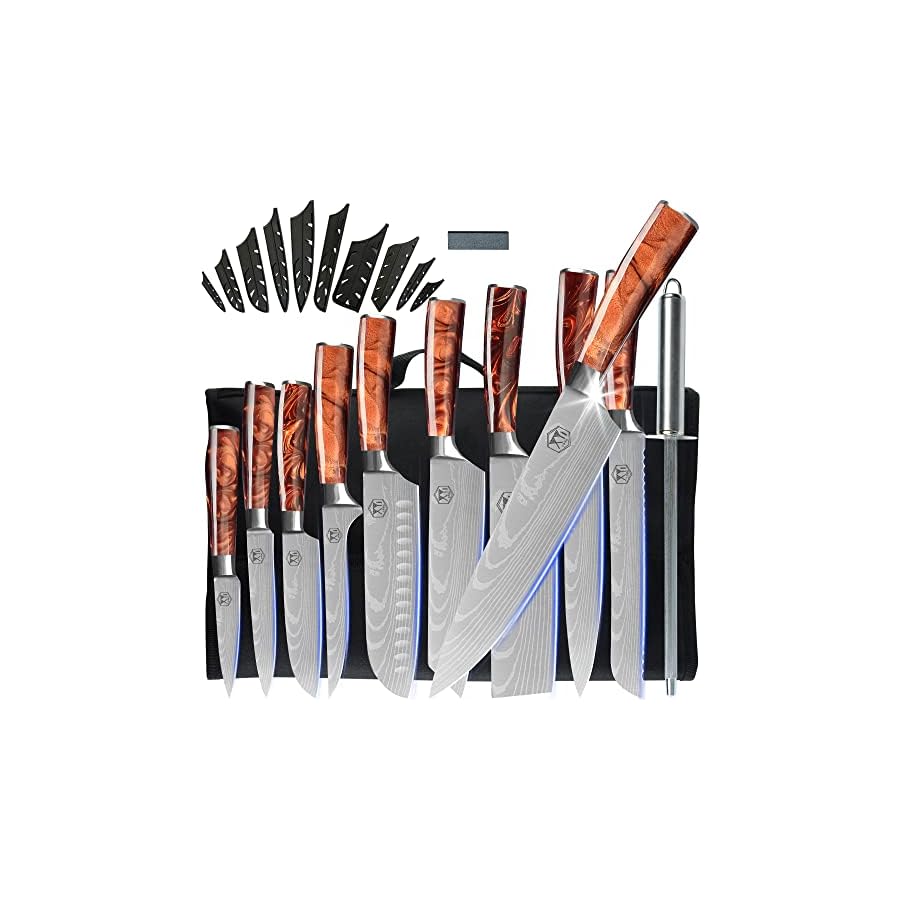 XYJ 13pcs/set Chef Knives With Carry Bag Sharpener Rod Whetstone Laser Pattern Stainless Steel Kitchen Knife Tools For Meat Fish Vegetable Cutting Ergonomic Handle